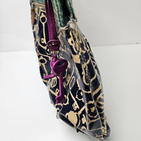 Fossil Key-Per Tote Shoulder Bag Teal Blue Navy Coated Purse Shopper - Picture 4 of 10